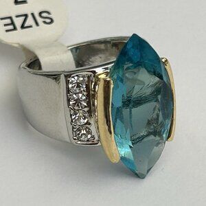 Blue Glass Marquise-Cut Stone Silver Tone Chunky Ring Crystals Size 7 Costume